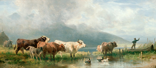 Friedrich Voltz - Kühe und Entengruppe am Ufer eines Gebirgssee