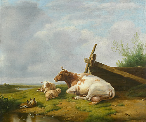 Monogrammist AVF Belgischer Maler - Kuh, Schafe und Enten