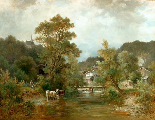 Ludwig Sckell - Kuhtränke in einem oberbayrischen Flusstal