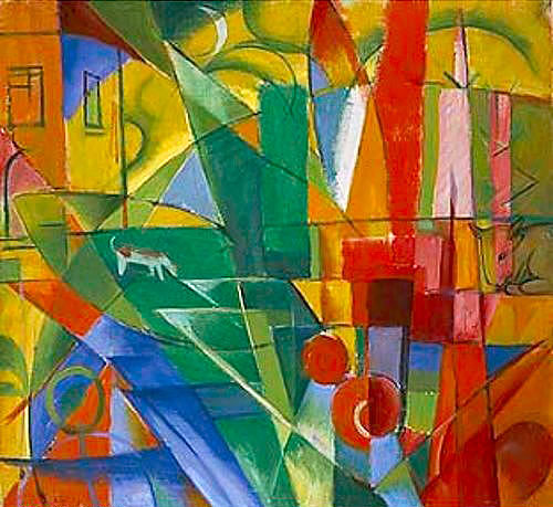 Franz Marc - Landschaft mit Haus, Hund und Rind