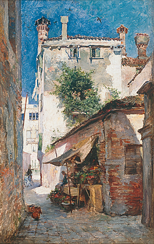 Attilio Pratella - Marktstand in der sonnenhellen Gasse einer süditalienischen Stadt