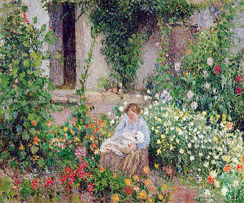 Camille Pissarro - Mutter und Kind im Blumengarten