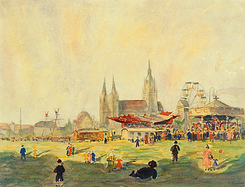 Hans Christiansen - Oktoberfest auf der Theresienwiese in München mit St. Pauls-Kirche