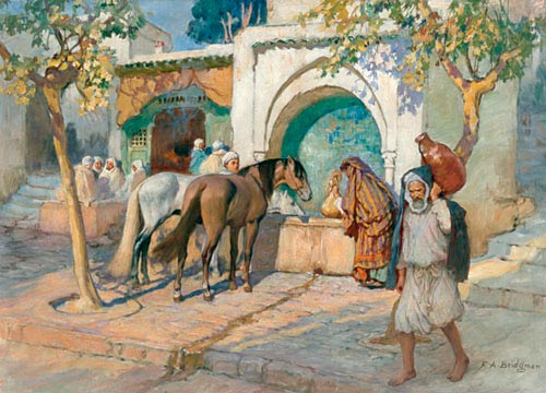 Frederick Arthur Bridgmann - Orientszene mit Arabern und Pferden auf einem schattigen Platz am Brunnen