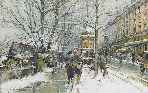 Eugen Galien-Laloue - Paris, Winterliches Seineufer mit Bouquinisten