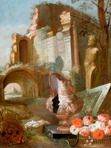 Hubert Robert - Rosenkorb in klassizistischer Ruinenlandschaft