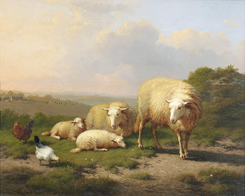 Eugène Joseph Verboeckhoven - Sommerliche Weideszene mit Schafen und Hü̈hnern