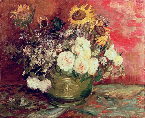 Vincent van Gogh - Sonnenblumen, Rosen und andere Blumen in einer Schale