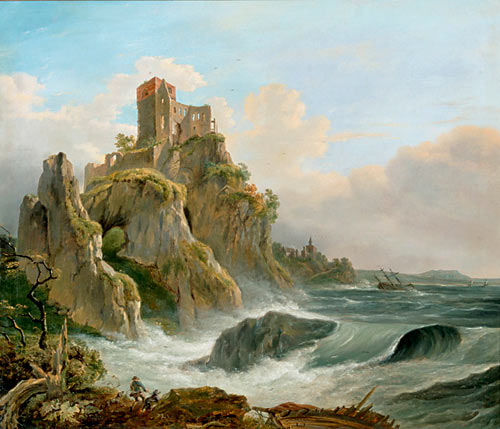 Joseph Carl Cogels - Steilküste mit Burg und Ortsblick an einem stürmischen Tag