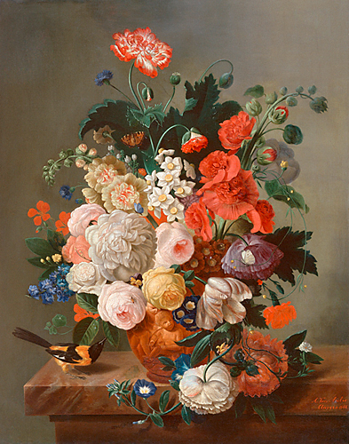 Alexandre van Antro - Stilleben mit Blumen, Vogel und Insekten