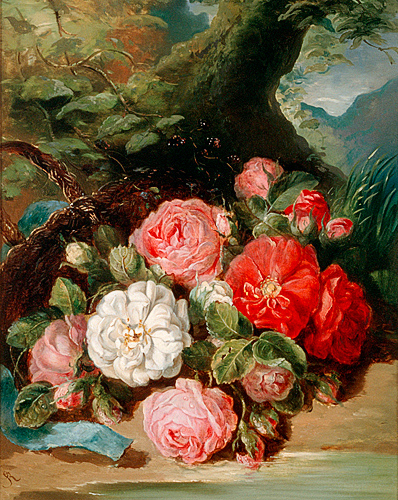 Rosa Schweninger - Stilleben mit Rosen vor Waldeshintergrund