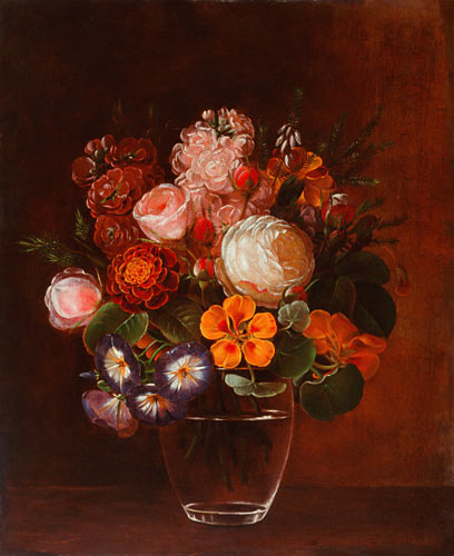 Johan Laurentz Jensen - Stilleben mit Rosen, Winden, Kressen und Erika in einer Glasvase