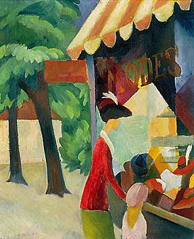 August Macke - Vor dem Hutladen (Frau mit roter Jacke und Kind)