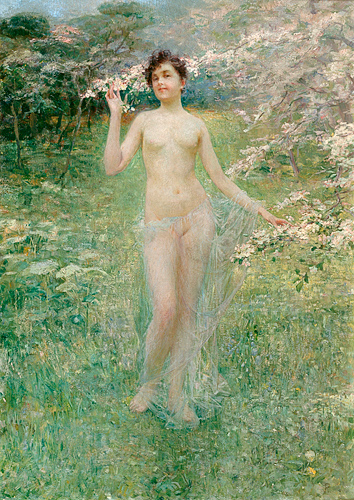 Paul Rieth - Weiblicher Akt auf einer Frühlingswiese im Obstgarten