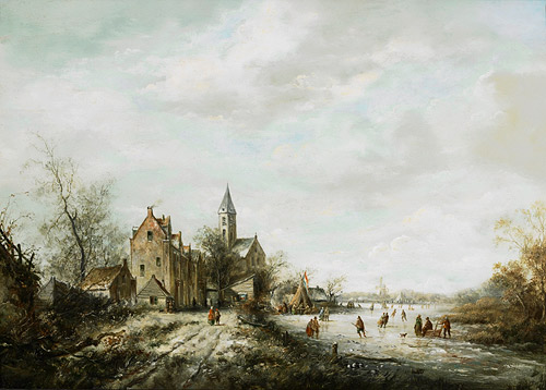 Andreas Schelfhout - Winterlandschaft mit Schlittschuhläufern