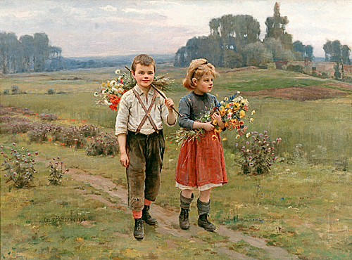 Cesar Pattein - Zwei Bauernkinder mit Wiesenblumen auf dem Heimweg